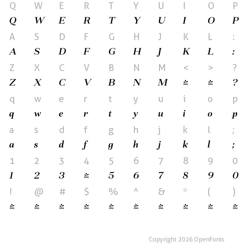 Character Map of FONTSPRING DEMO - Fiorina Subhead SemBd Italic