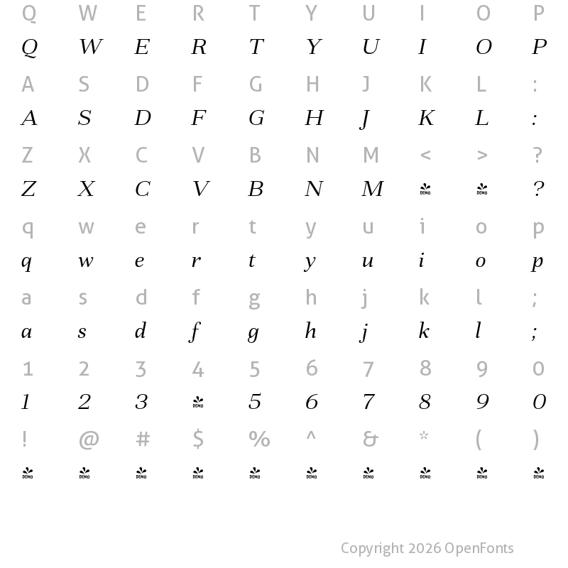 Character Map of FONTSPRING DEMO - Fiorina Text Italic