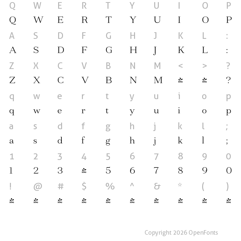 Character Map of FONTSPRING DEMO - Fiorina Text Light Regular