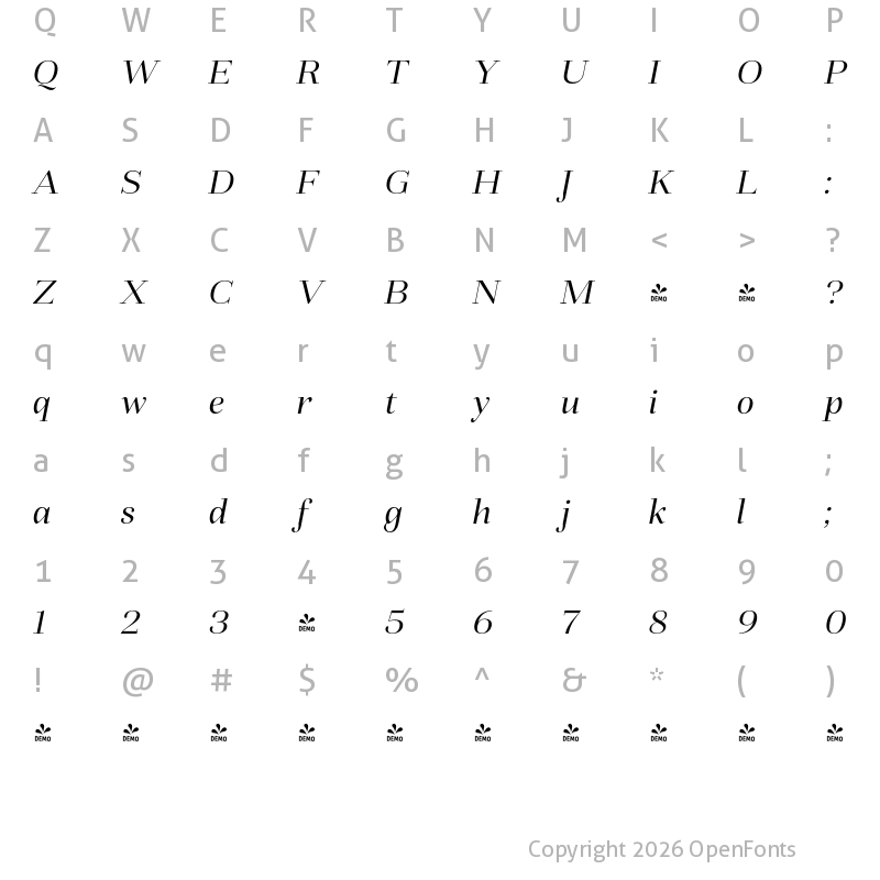 Character Map of FONTSPRING DEMO - Fiorina Title Italic