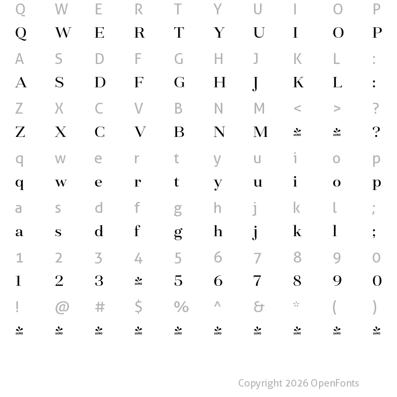 Character Map of FONTSPRING DEMO - Fiorina Title Med Regular