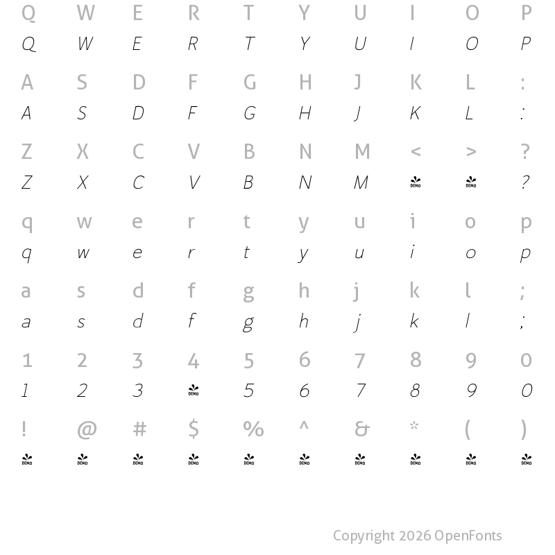 Character Map of FONTSPRING DEMO - Fitz Sans Oblique SRF Regular