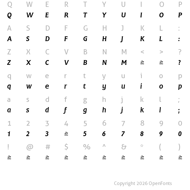 Character Map of FONTSPRING DEMO - Flanders Medium Italic