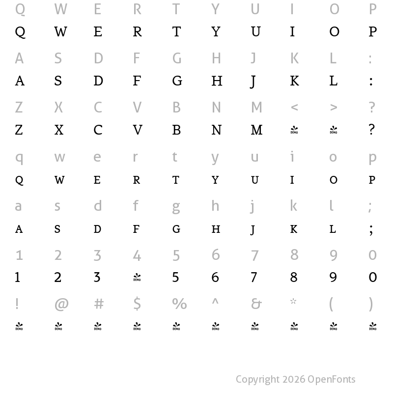 Character Map of FONTSPRING DEMO - Flembo-TextSC Flembo-TextSC