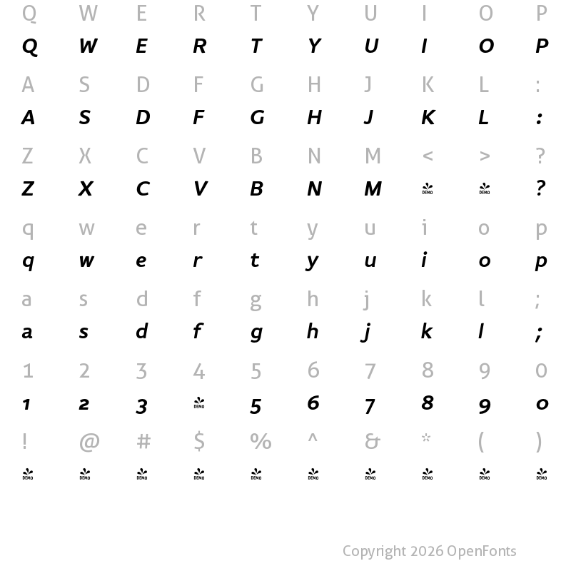Character Map of FONTSPRING DEMO - Flembo-TitleBoldItalic Flembo-TitleBoldItalic