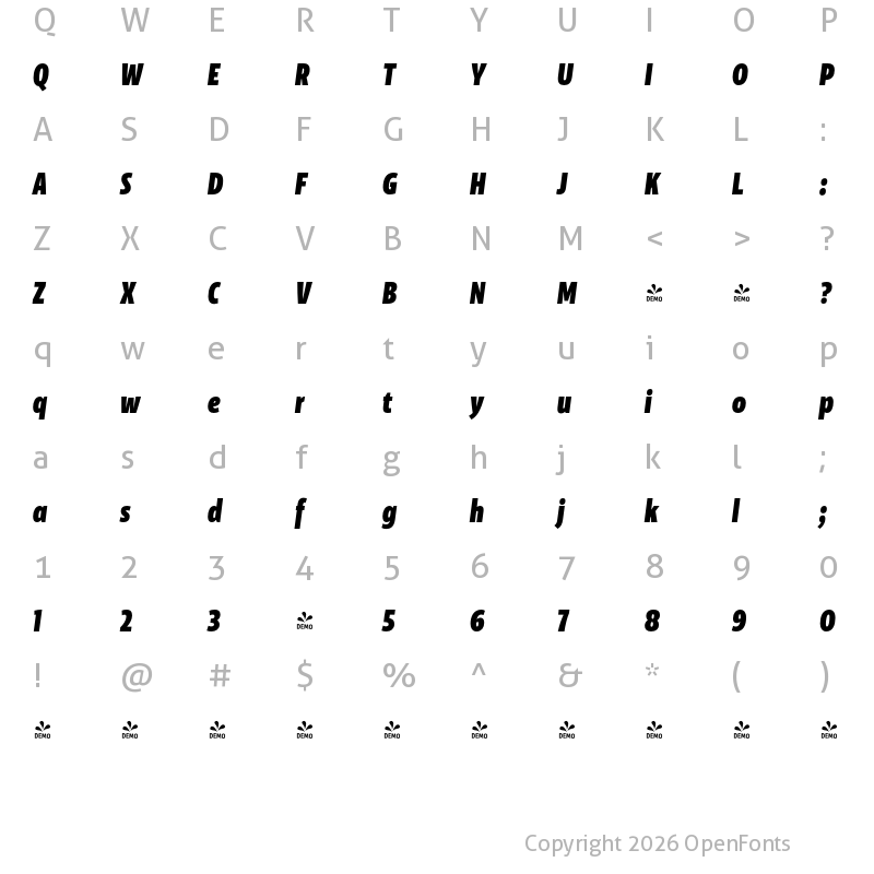 Character Map of FONTSPRING DEMO - Floki ExtraBold Italic Regular