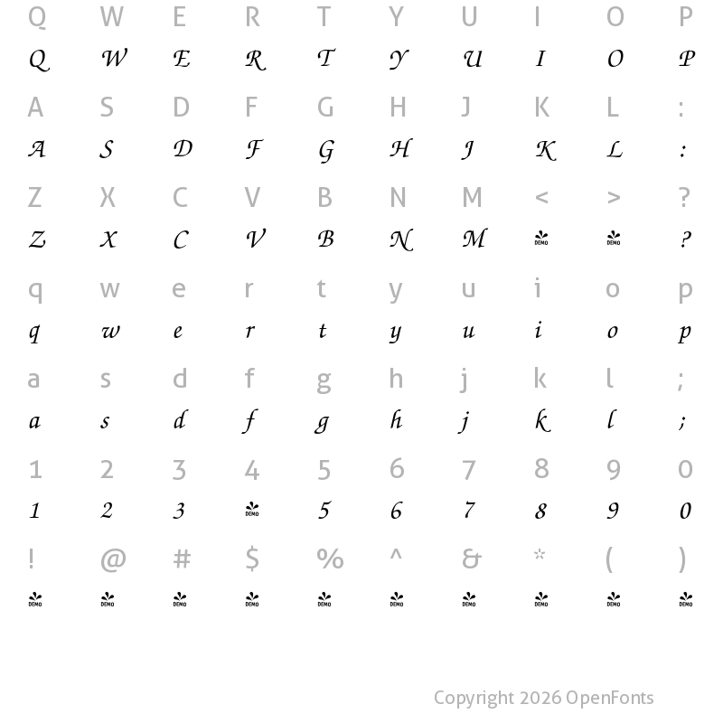 Character Map of FONTSPRING DEMO - Florence Script FS Regular