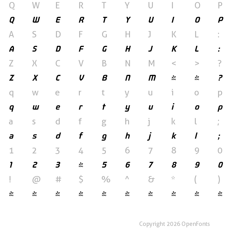 Character Map of FONTSPRING DEMO - Fluctuation Rg Italic
