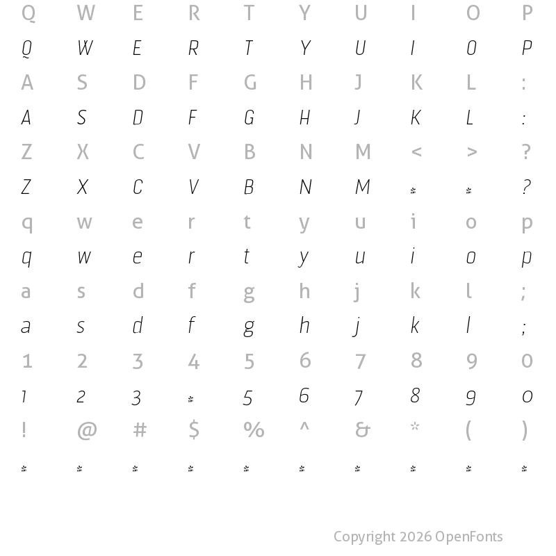 Character Map of FONTSPRING DEMO - Fortuita Thin Italic