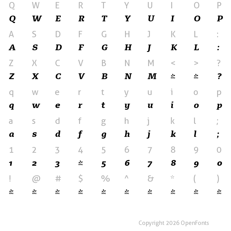 Character Map of FONTSPRING DEMO - FP Dancer Serif Black Italic Italic