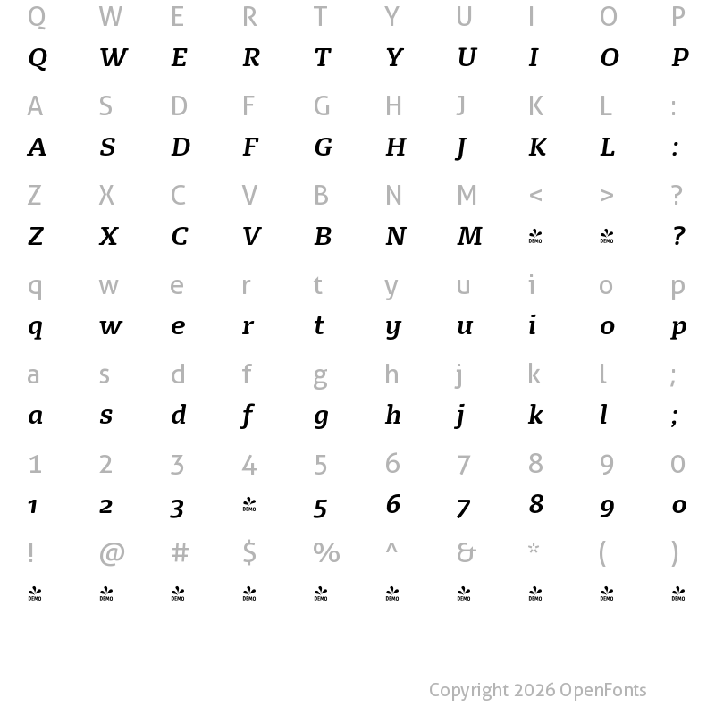 Character Map of FONTSPRING DEMO - FP Dancer Serif Bold Italic Italic