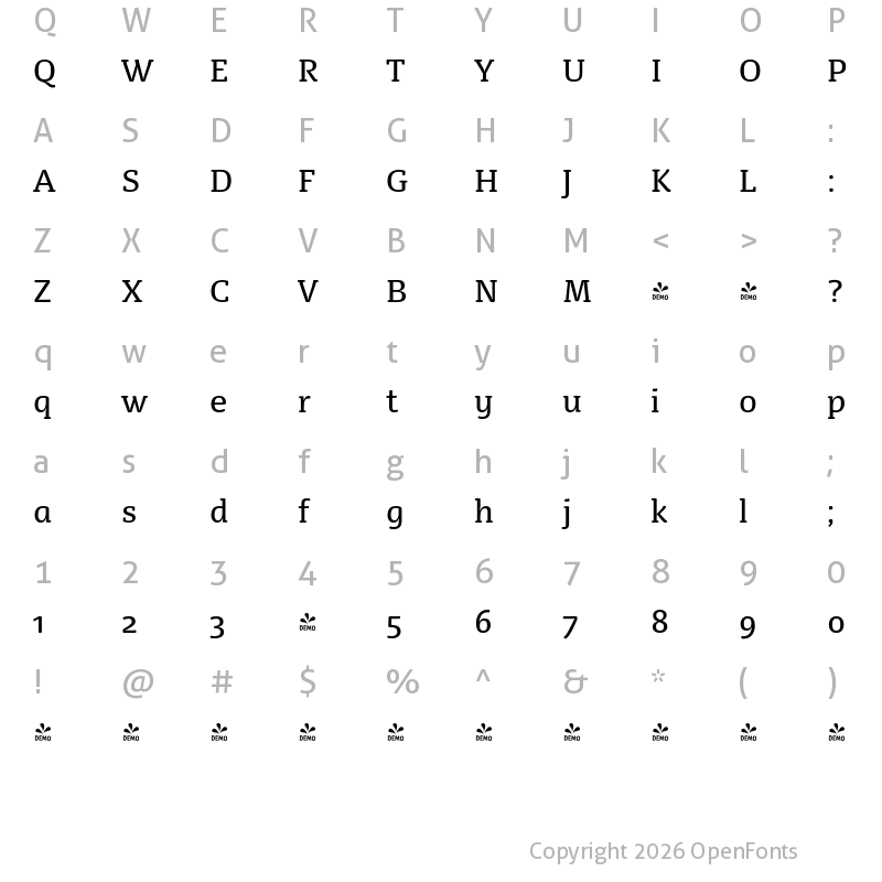 Character Map of FONTSPRING DEMO - FP Dancer Serif Book Regular