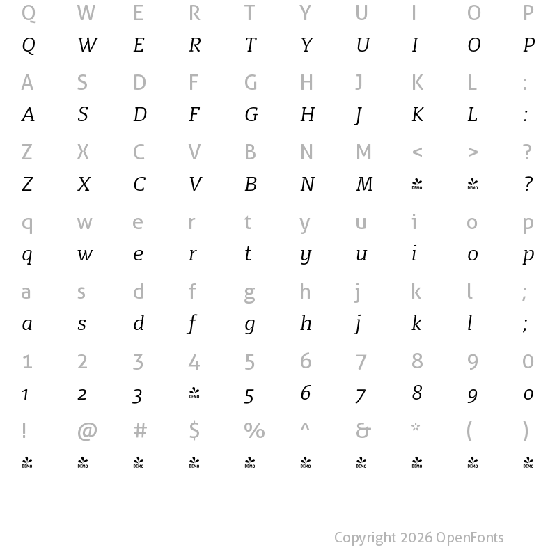Character Map of FONTSPRING DEMO - FP Dancer Serif Light Italic Italic