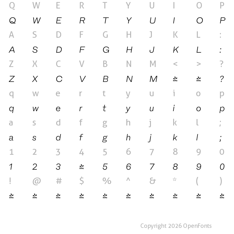 Character Map of FONTSPRING DEMO - Fracktif Light Italic