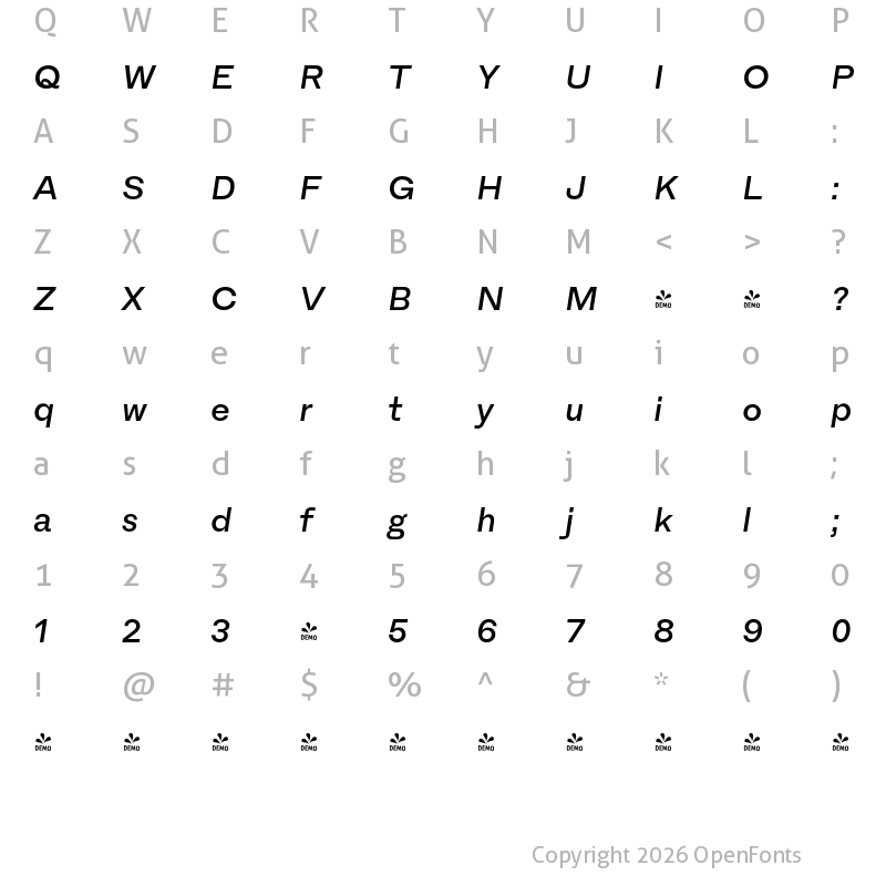 Character Map of FONTSPRING DEMO - Fracktif Medium Italic