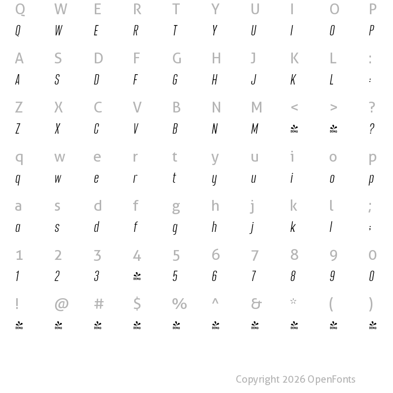 Character Map of FONTSPRING DEMO - Franchise Pro Light Italic