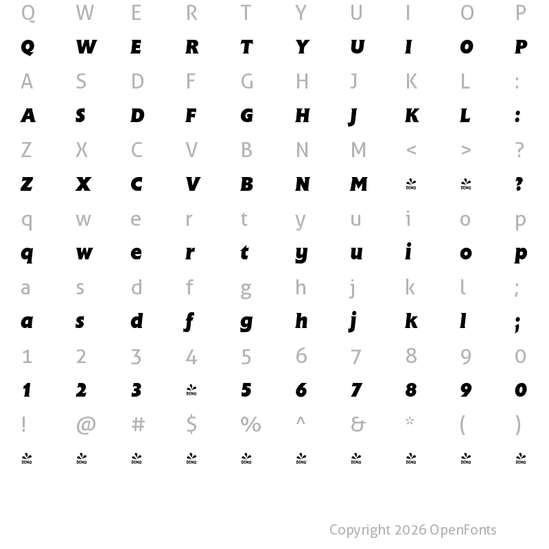 Character Map of FONTSPRING DEMO - Frascati Pro Bold Italic
