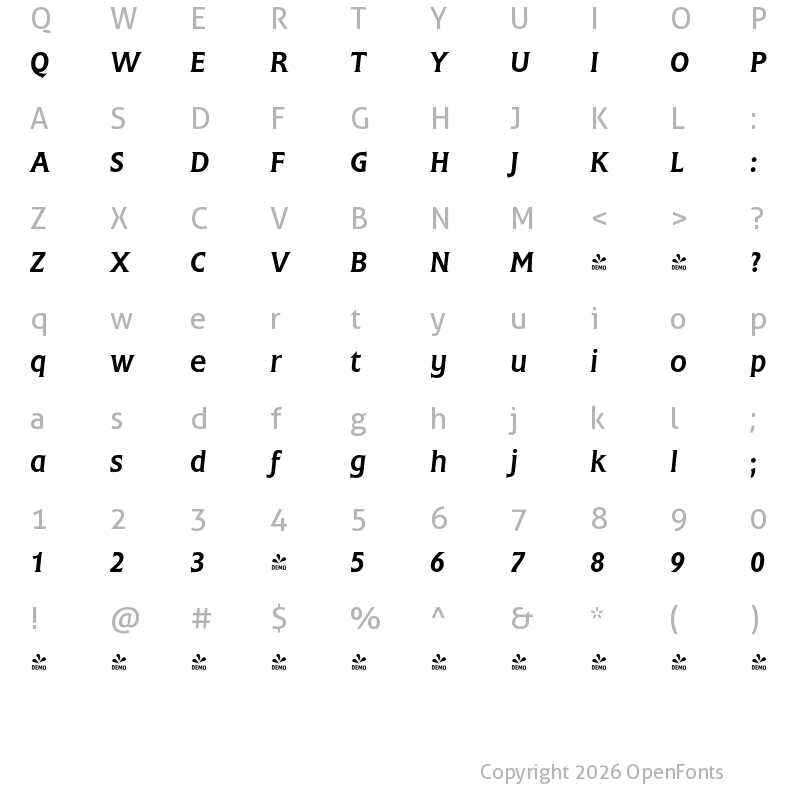 Character Map of FONTSPRING DEMO - Frascati Pro Italic