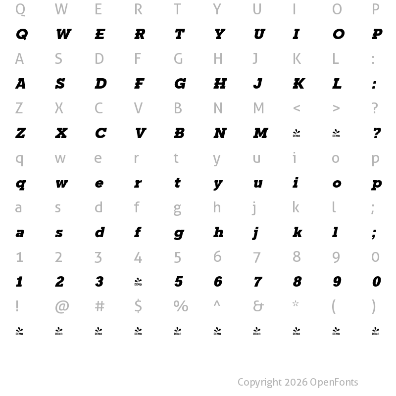 Character Map of FONTSPRING DEMO - Fried Chicken Black Italic