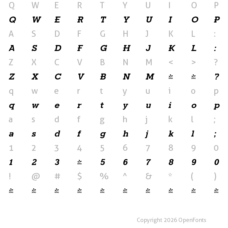 Character Map of FONTSPRING DEMO - Fried Chicken Bold Italic