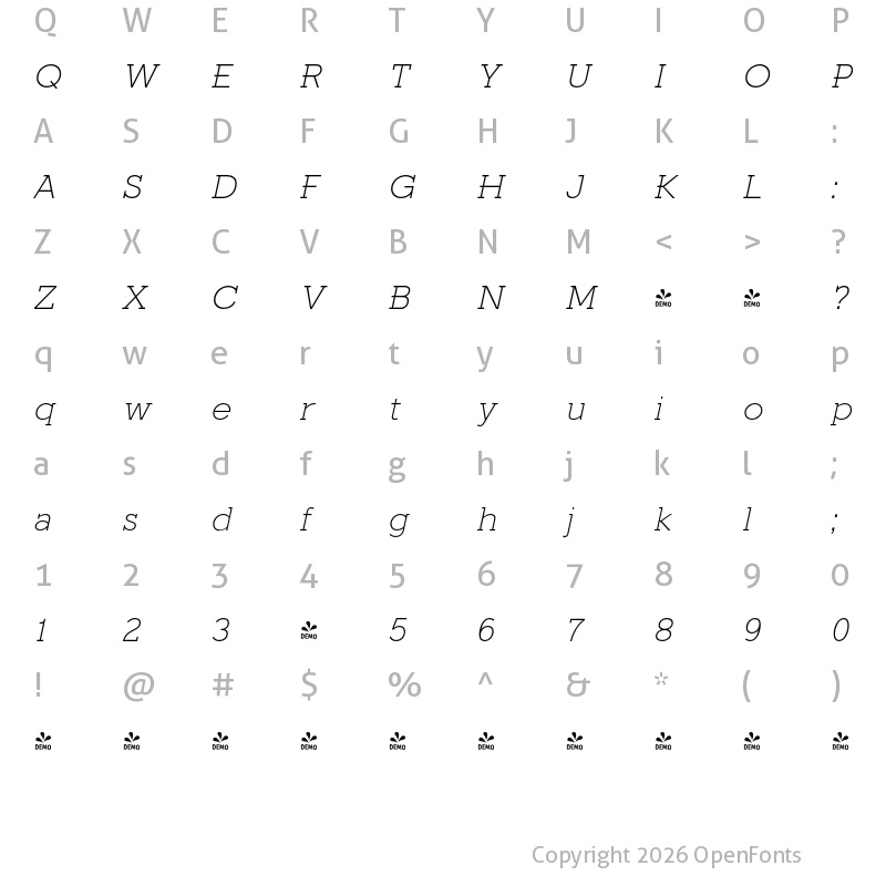 Character Map of FONTSPRING DEMO - Fried Chicken ExtLt Italic