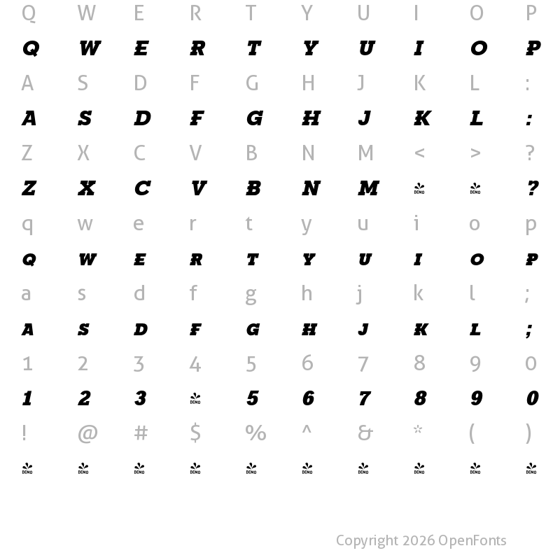 Character Map of FONTSPRING DEMO - Fried Chicken SC Black Italic