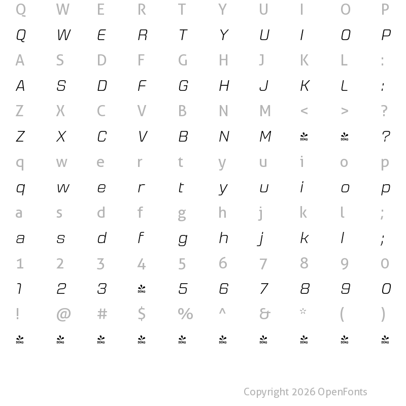 Character Map of FONTSPRING DEMO - From the Stars Lt Italic