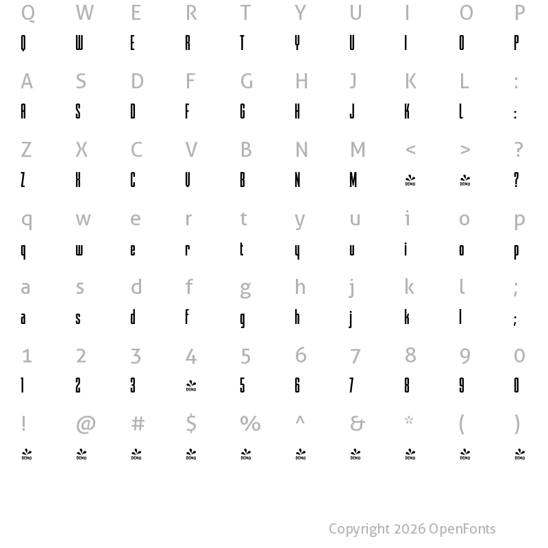 Character Map of FONTSPRING DEMO - FTY DELIRIUM NEON Italic