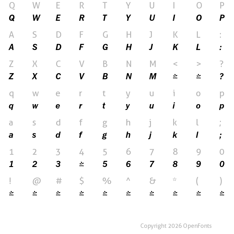 Character Map of FONTSPRING DEMO - FullerSansDT Bold Italic