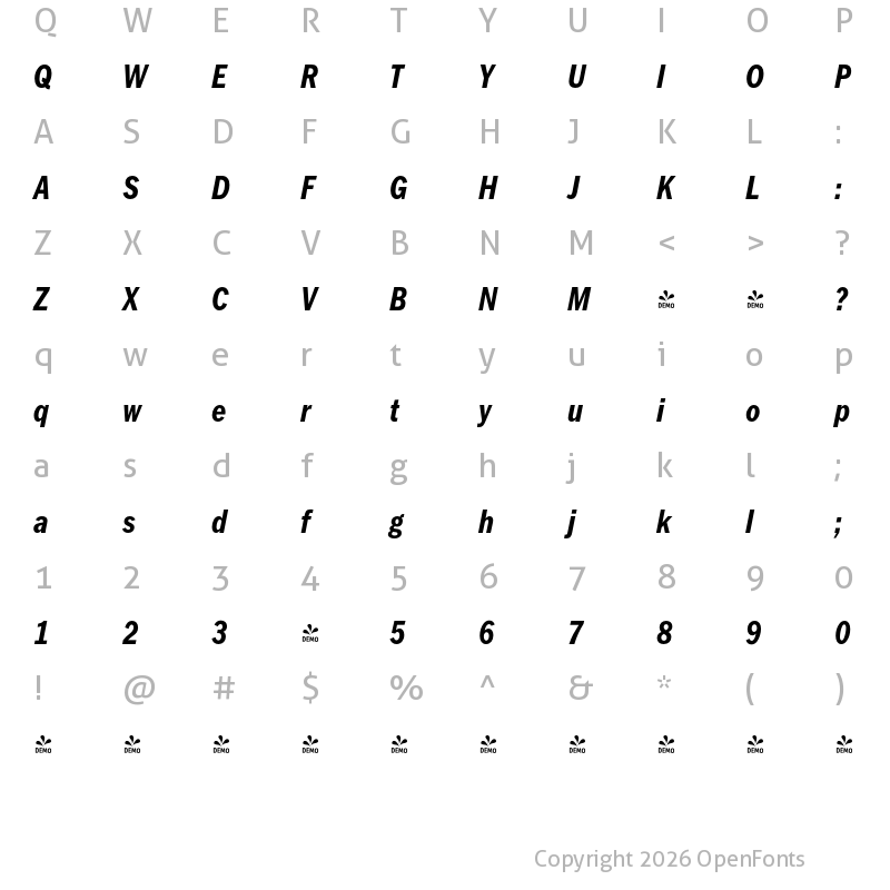 Character Map of FONTSPRING DEMO - FullerSansDTCond Bold Italic
