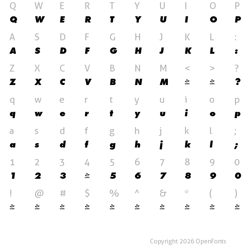 Character Map of FONTSPRING DEMO - Function Pro Xbold Italic