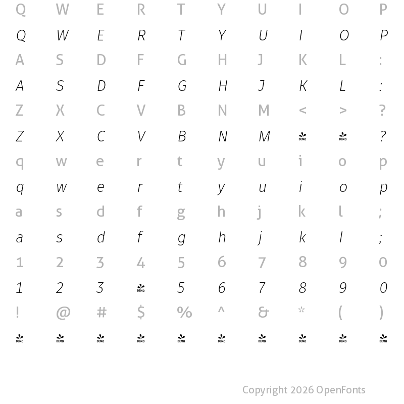Character Map of FONTSPRING DEMO - Fuse V.2 Display Light Italic