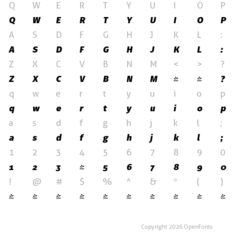 Character Map of FONTSPRING DEMO - Fuse V.2 Text Black Italic