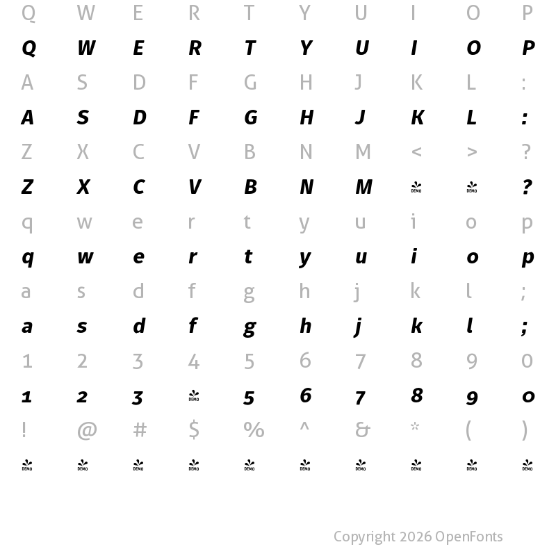 Character Map of FONTSPRING DEMO - Fuse V.2 Text ExtraBold Italic