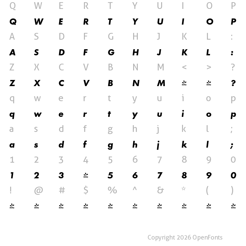 Character Map of FONTSPRING DEMO - Futura PT Bold Italic