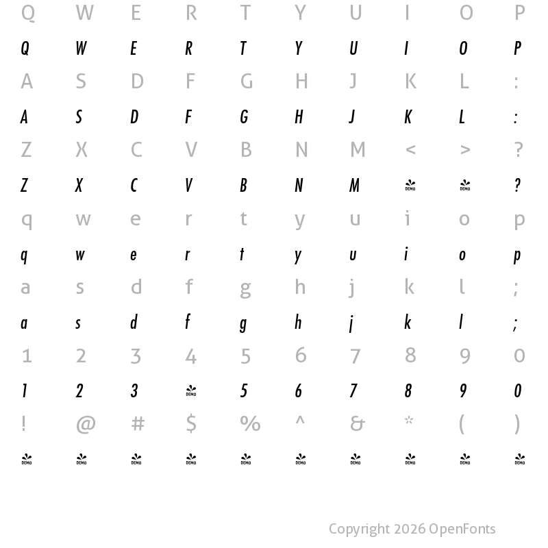 Character Map of FONTSPRING DEMO - Futura PT Cond Medium Italic