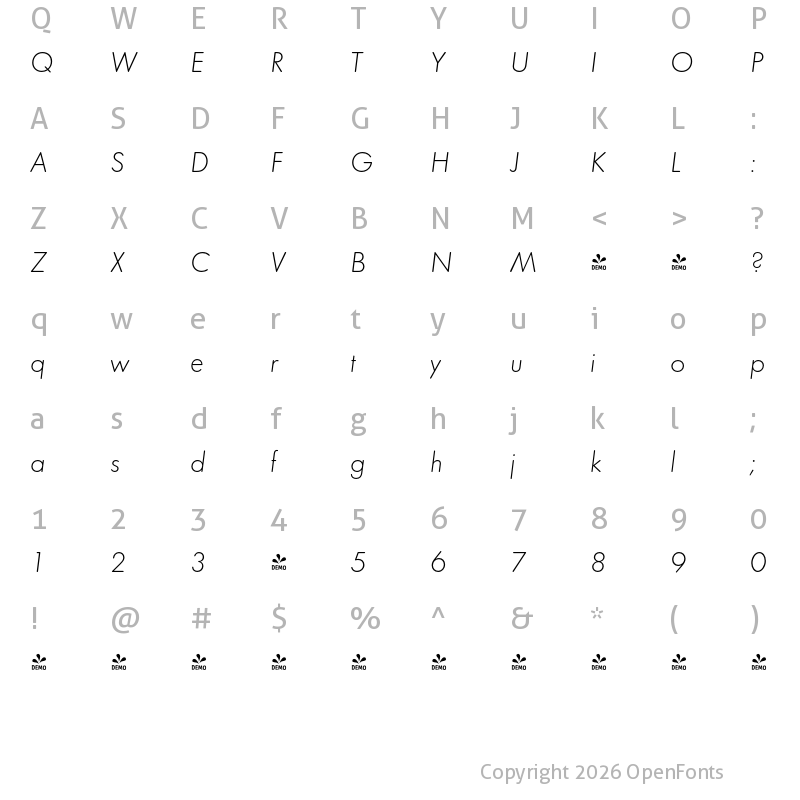 Character Map of FONTSPRING DEMO - Futura Round Light Italic
