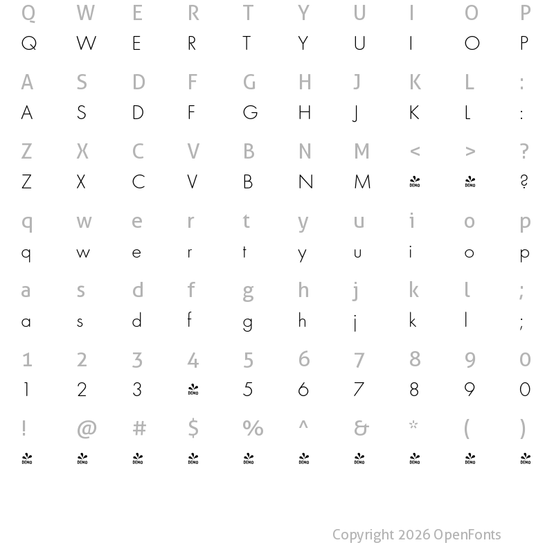 Character Map of FONTSPRING DEMO - Futura Round Light Regular