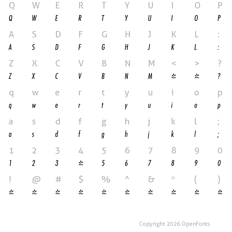Character Map of FONTSPRING DEMO - FuturaCon Italic