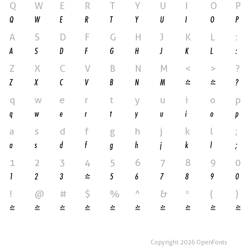 Character Map of FONTSPRING DEMO - FuturaConMed Italic