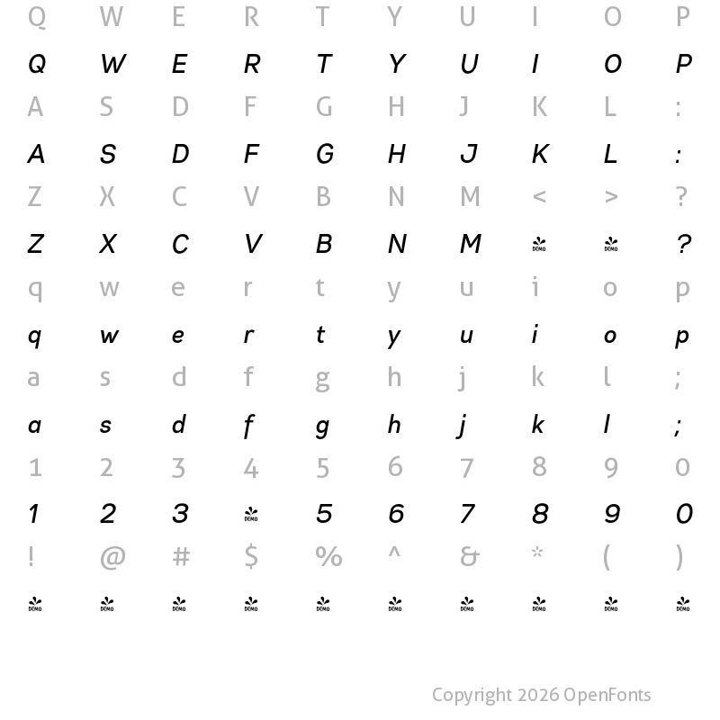 Character Map of FONTSPRING DEMO - Gabriel Sans Cond Cond Medium Italic