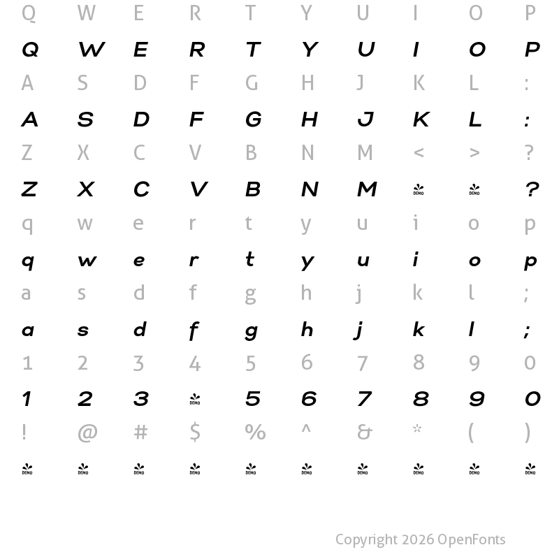 Character Map of FONTSPRING DEMO - Gabriel Sans Normal Bold Italic