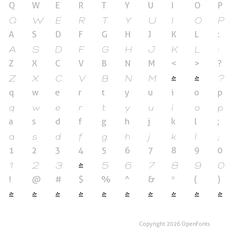 Character Map of FONTSPRING DEMO - Gabriel Sans Thin Italic