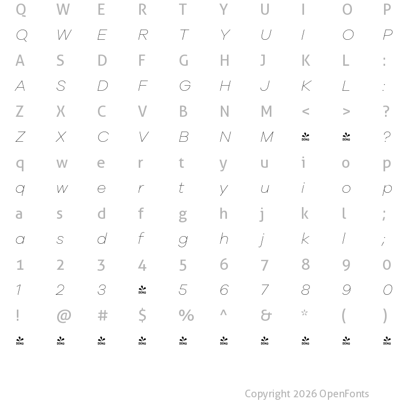 Character Map of FONTSPRING DEMO - Galano Grotesque Thin Italic Regular