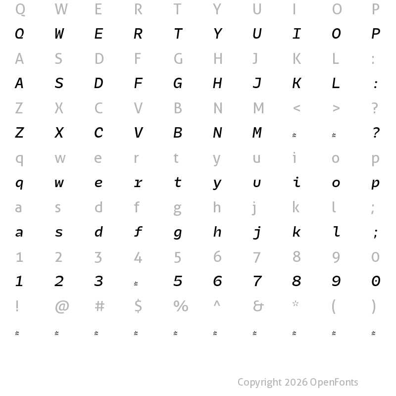 Character Map of FONTSPRING DEMO - Galix Mono Med Italic