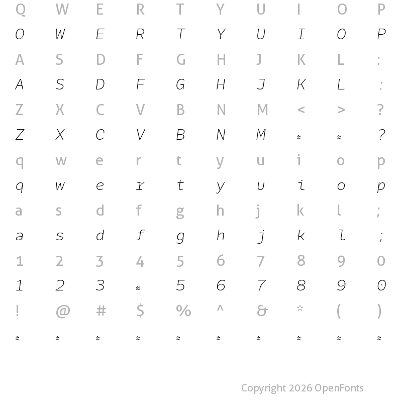 Character Map of FONTSPRING DEMO - Galix Mono XLt Italic