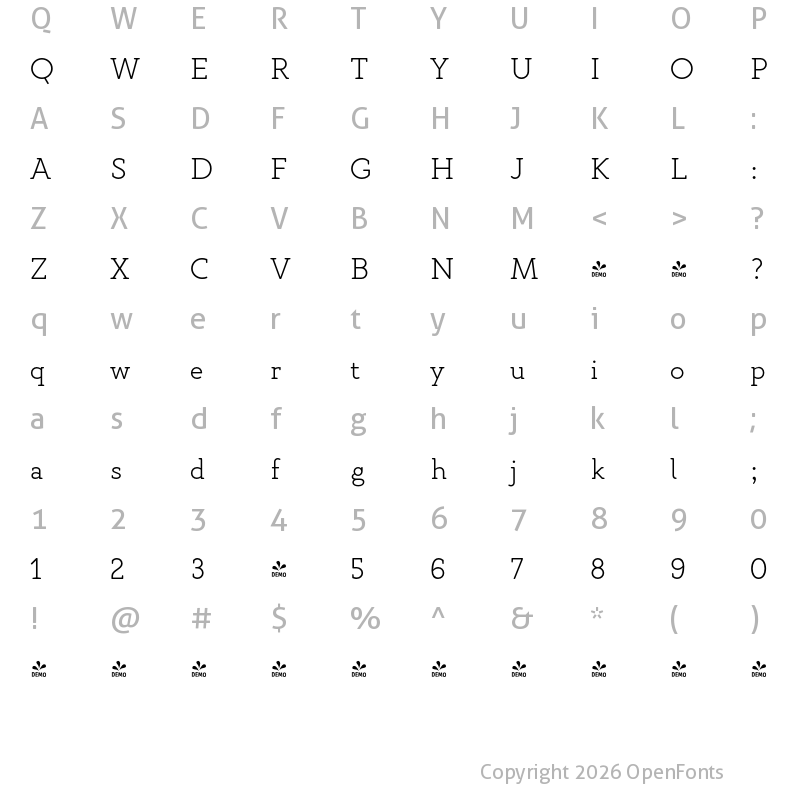 Character Map of FONTSPRING DEMO - Gambero Thin Regular