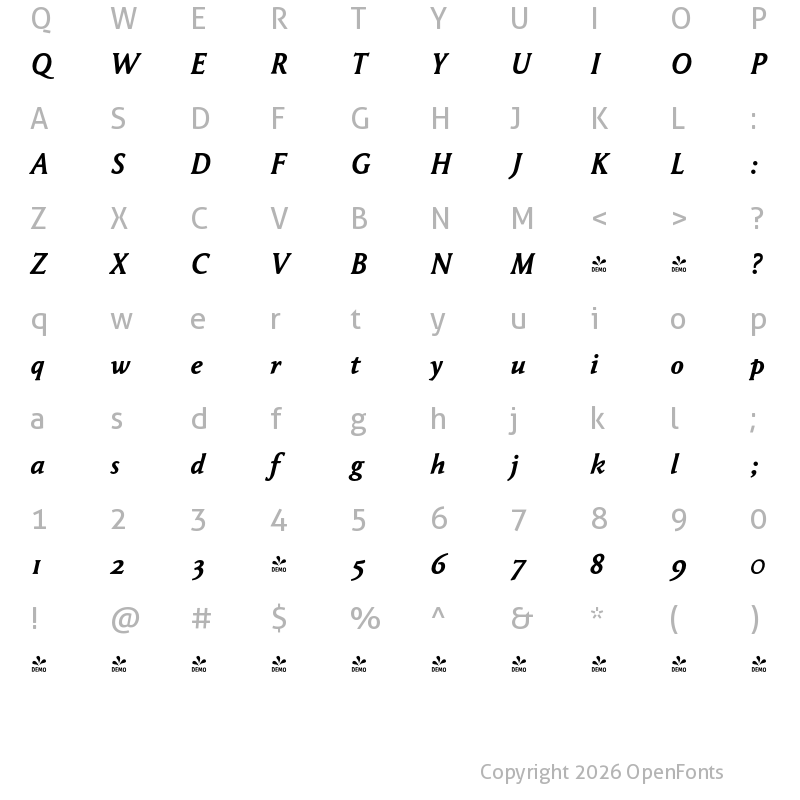 Character Map of FONTSPRING DEMO - Garaline-BoldItalic Garaline-BoldItalic