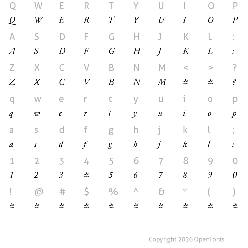 Character Map of FONTSPRING DEMO - Garamond Classic FS Italic