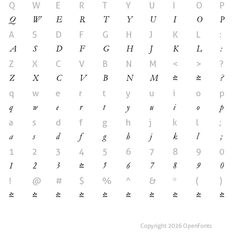 Character Map of FONTSPRING DEMO - Garamond Elegant Pro Italic